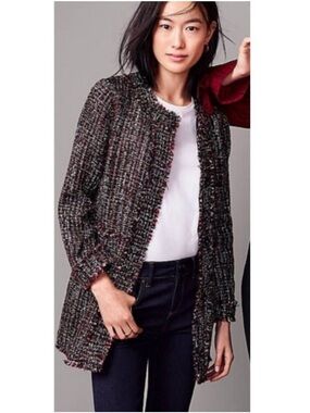 Ann Taylor 6 Tweed Ruffle Collar Jacket Wool Blend Snap Fringe Preppy Luxury